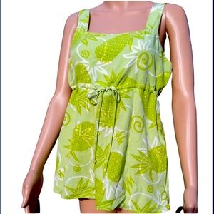 Blue Ginger Hawaii Pineapple Print Tank Top Spring Lime Green Rayon